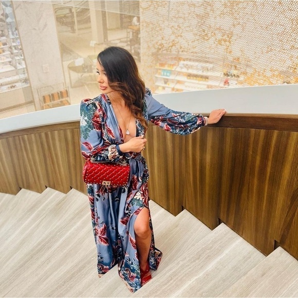 PatBO Dress Gilly Print Cut-Out Maxi Floral Open Back Slit Vacation Blue 8 NWT - Picture 10 of 13